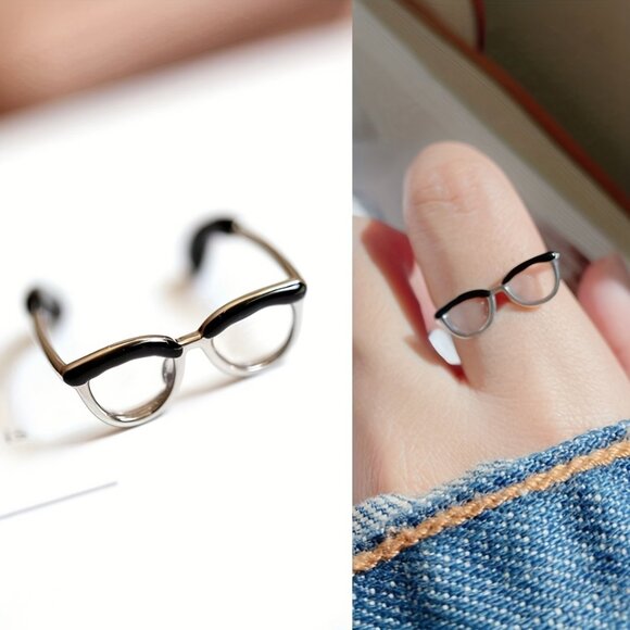 Trendy Black and Silver Glasses Ring - Picture 1 of 5